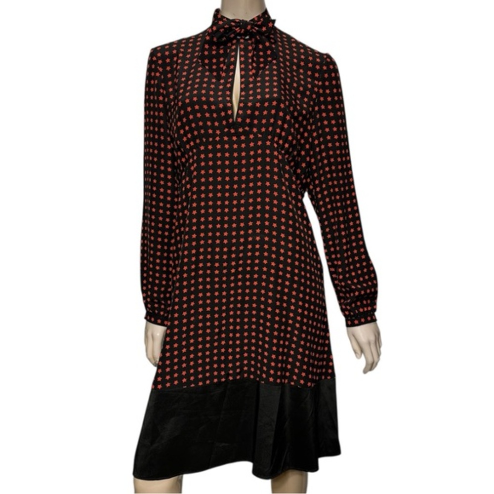 Saint Laurent Women’s L Black Red Star Print Long Sleeve A-Line Tie Neck Dress